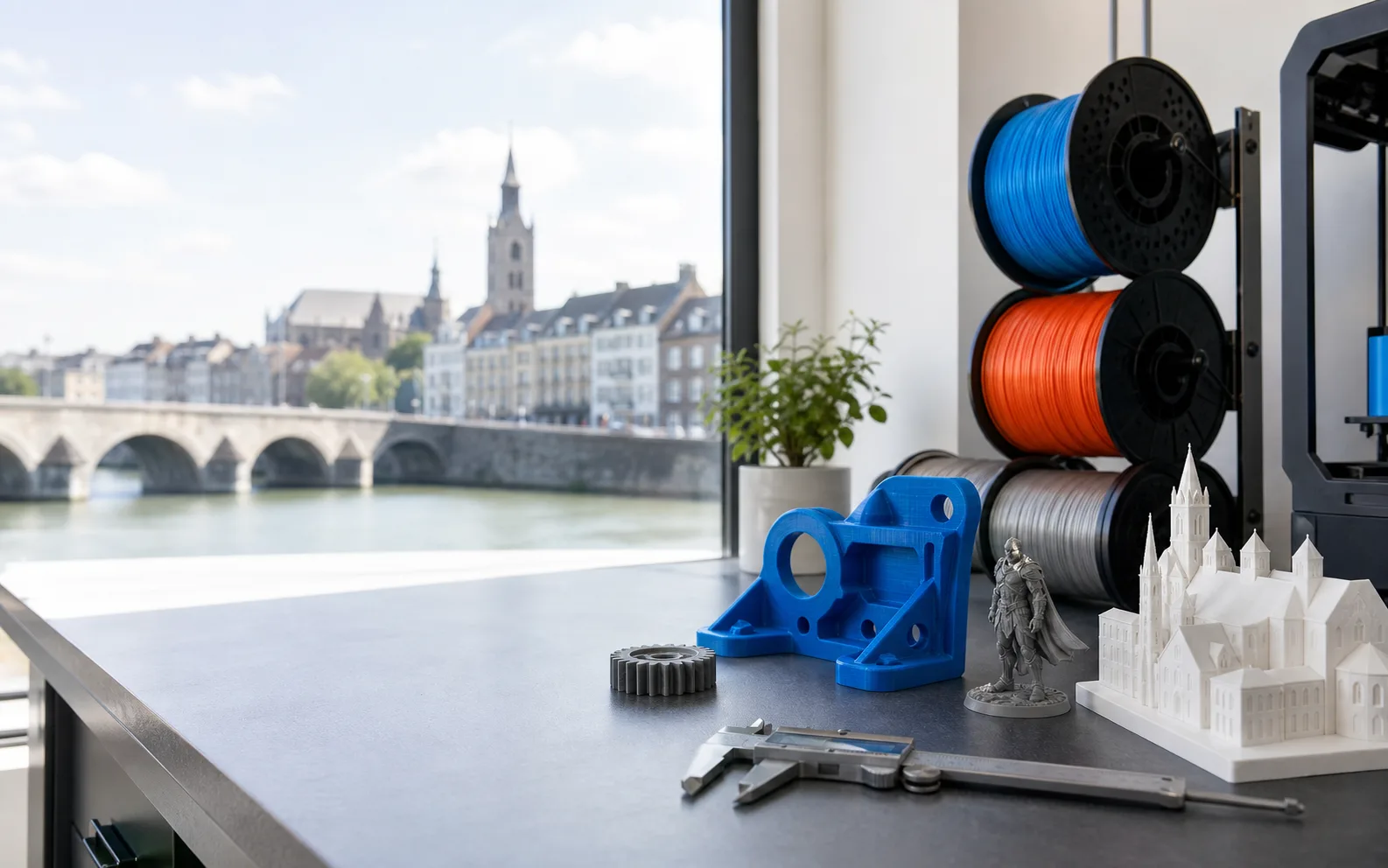 3D printed parts, filament spools, and Maastricht in the background